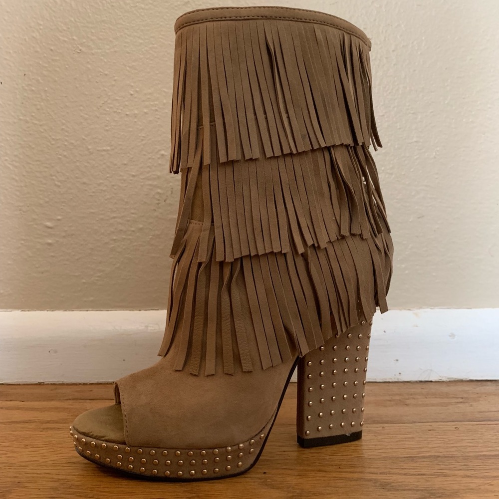 Tan fringe booties